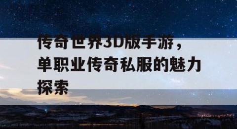 传奇世界3D版手游，单职业传奇私服的魅力探索
