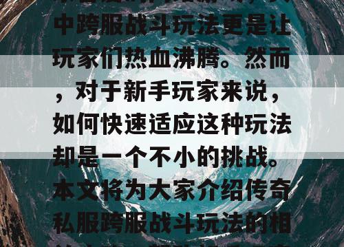 传奇私服是一款深受玩家喜爱的网络游戏，其中跨服战斗玩法更是让玩家们热血沸腾。然而，对于新手玩家来说，如何快速适应这种玩法却是一个不小的挑战。本文将为大家介绍传奇私服跨服战斗玩法的相关攻略，帮助新手玩家快速适应。
