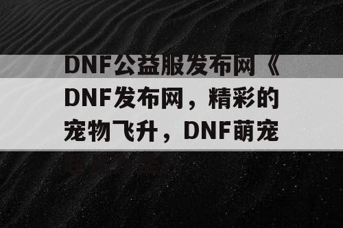 DNF公益服发布网《DNF发布网，精彩的宠物飞升，DNF萌宠超凡入圣》