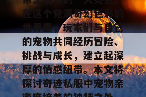 奇迹私服中,创新的宠物亲密度培养与情感纽带是游戏的一大亮点。在这个充满奇幻色彩的世界里,玩家们与自己的宠物共同经历冒险、挑战与成长,建立起深厚的情感纽带。本文将探讨奇迹私服中宠物亲密度培养的独特之处,以及如何通过情感纽带进一步增强游戏体验。 奇迹私服中,创新的宠物亲密度培养与情感纽带是游戏的一大亮点。在这个充满奇幻色彩的世界里,玩家们与自己的宠物共同经历冒险、挑战与成长,建立起深厚的情感纽带。本文将探讨奇迹私服中宠物亲密度培养的独特之处,以及如何通过情感纽带进一步增强游戏体验。