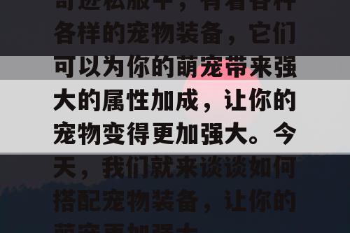 奇迹私服中,有着各种各样的宠物装备,它们可以为你的萌宠带来强大的属性加成,让你的宠物变得更加强大。今天,我们就来谈谈如何搭配宠物装备,让你的萌宠更加强大。 奇迹私服中,有着各种各样的宠物装备,它们可以为你的萌宠带来强大的属性加成,让你的宠物变得更加强大。今天,我们就来谈谈如何搭配宠物装备,让你的萌宠更加强大。